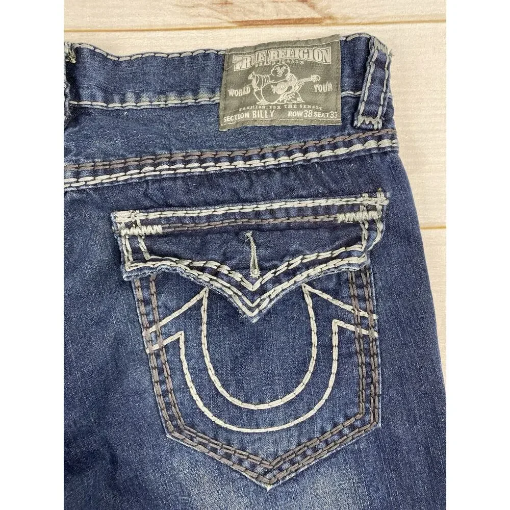 True Religion Billy Jeans 38 Dark Distressed Straight Contrast Embroidery USA